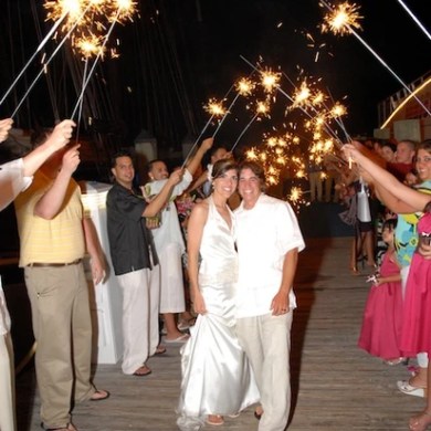 Wedding guests waving sparklers