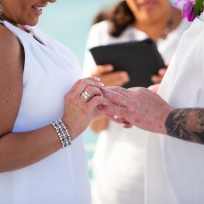 Bride putting a ring onto Groom's finger