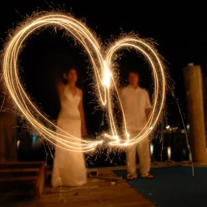 Bride and groom waving sparkler fireworks
