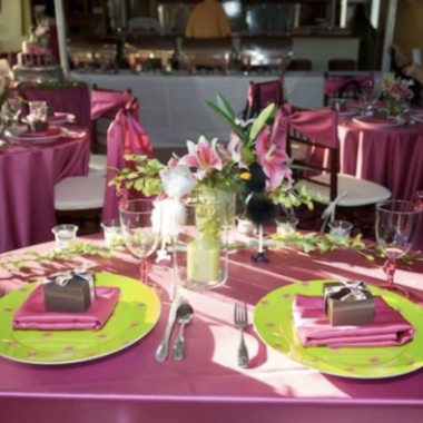 a dining table with flowers