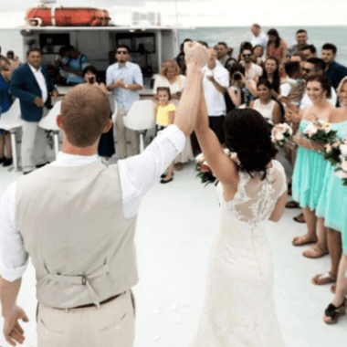 a group of people standing in front of a crowd